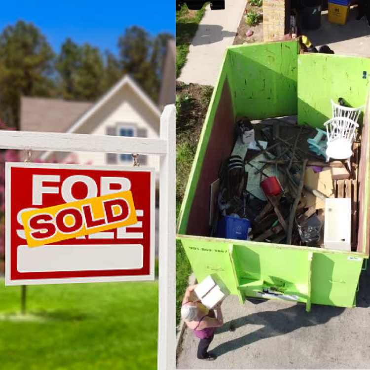 For sale and sold sign and people loading dumpster